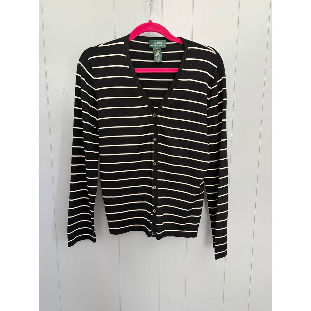 Lauren Ralph Lauren Black Striped Silk Blend V-neck Classic Cardigan XL